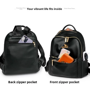 Detail view of lychee leather backpack with front and back zipper pockets for storage