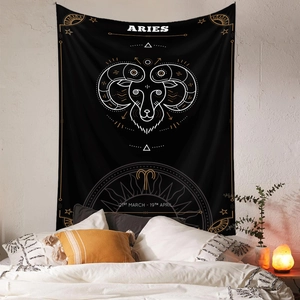 Cozy bedroom setting featuring an Aries zodiac tapestry hung on a modern bedside wall