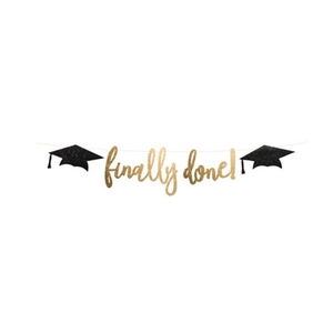 Glittering gold finally done! graduation banner with black scholar caps for party decor