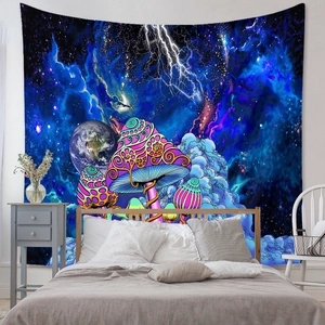 Detail of psychedelic mushroom tapestry with earth and nebula in a cozy bedroom setting