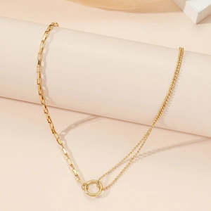 Collier Asymétrique Femmes Acier Inoxydable Plaqué Or 18K Chaîne Maille Et Double Chaîne À Billes Bijoux Chic