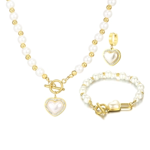 Three-piece heart pearl jewelry set with gold OT buckle necklace, bracelet, and earrings