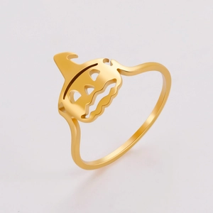Polished gold stainless steel Halloween pumpkin ring with a minimalist cute design