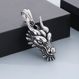 Retro punk silver dragon head pendant in stainless steel for men with detailed engraving