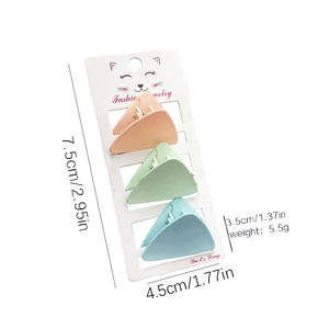 Three-piece set of matte candy-colored mini triangle hair claws in pink, green, and blue