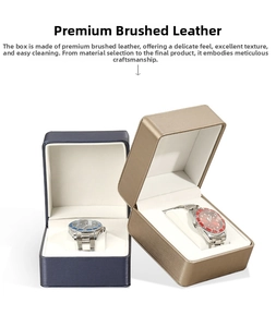 Close-up of premium PU leather watch boxes in navy and gold with velvet lining