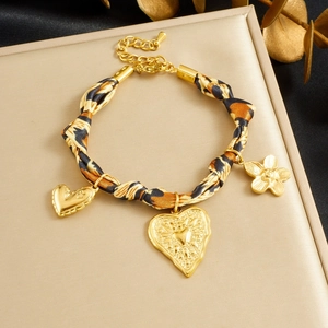 Bracciale Vintage Con Nastro Leopardato Acciaio Inossidabile Dorato Ciondoli A Cuore E Fiori Gioielli Di Moda Bohémien Da Donna