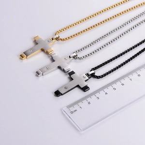 Two-tone stainless steel cross necklaces for men in gold, silver and black with ruler