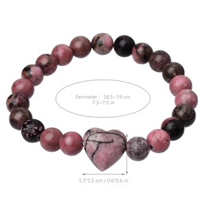 Detail view of heart amethyst beaded bracelet with 19cm perimeter measurement specs