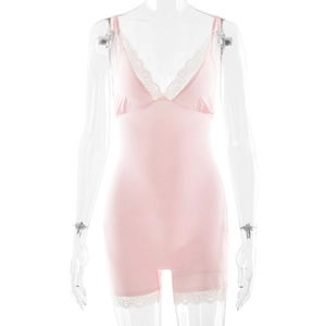 Detailed close-up of pink V-neck bodysuit with white lace trim and smooth elastic fabric