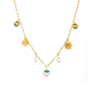 Charming gold-tone necklace with enamel strawberry, sunflower, and pearl charms for women