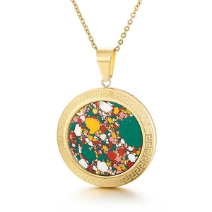 Golden tree of life necklace with colorful terrazzo resin inlay and Greek key border