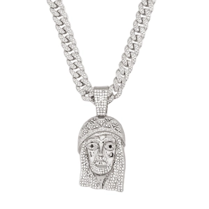 Men's hip hop silver iced out Jesus head pendant necklace with glistering Cuban link chain
