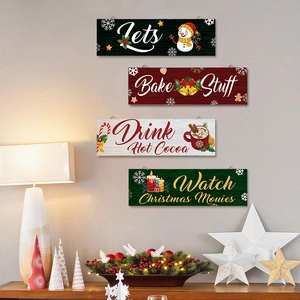 Gemütliches 4er-Set Weihnachts-Holzwandschilder mit Schneemann- und Glockenmotiven