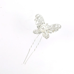 Silver bridal hair pin with hollow rhinestone butterfly and white pearl center
