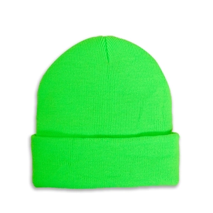 Close-up detail of the ribbed knit texture on this fluorescent green winter beanie hat