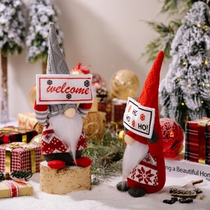 Christmas gnome plush doll with welcome sign, festive red and grey holiday decoration