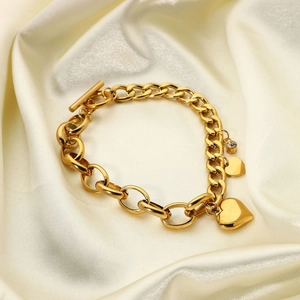 Bracciale con ciondolo a cuore in acciaio inossidabile placcato oro 18K con chiusura OT
