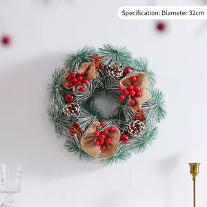 32cm frosted pine needle Christmas wreath with red berries, pinecones, and burlap bow