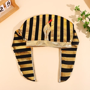 Golden Egyptian pharaoh hat with black stripes and snake head for Halloween parties