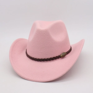 Close-up of pink felt cowboy hat with brown braided leather band and bull metal buckle