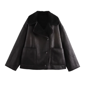 Women's vintage black faux leather jacket with plush shearling collar and front buttons