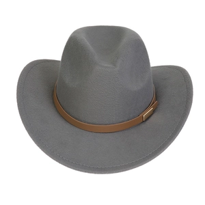 Detail of grey wool felt cowboy hat featuring a brown leather band and gold buckle