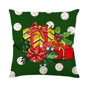 Housse de coussin de Noël verte avec fleurs de poinsettia et motifs de boîtes cadeaux