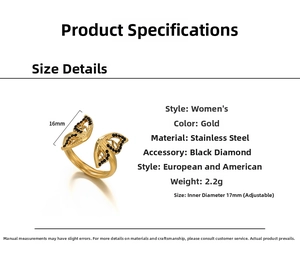 Detailed view of adjustable golden stainless steel butterfly ring with black rhinestones