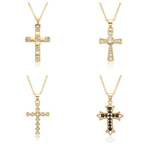 Elegant Gold Plated Copper Cross Pendant Necklace For Women Rhinestone Inlaid Religious Jewelry Minimalist Sweater Chain