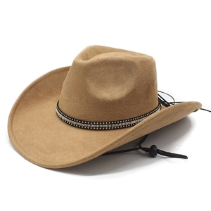 Classic camel faux suede fedora hat with rhinestone studded belt and adjustable wind cord