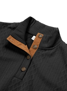 Close-up of black diamond-pattern knit sweater with brown suede collar and button details