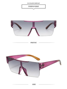 Detail view of purple and gray gradient frameless one-piece oversized fashion sunglasses
