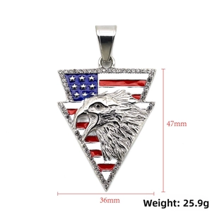 Detailed view showing dimensions of American flag eagle pendant with rhinestones