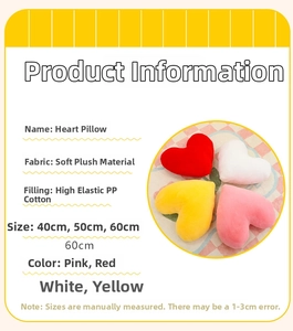 Detailed chart showing heart plush pillow dimensions 40cm to 60cm and soft fabric options