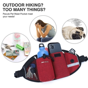 Detail of a red pet running belt showing organized storage for water bottle and phone