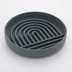 Dark grey silicone slow feeder dog bowl with a round rainbow maze pattern design
