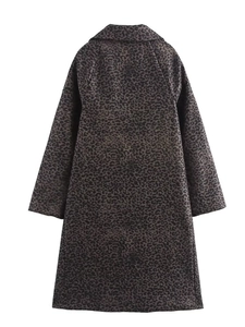 Back view of a long French leopard print coat in dark grey and black leopard pattern