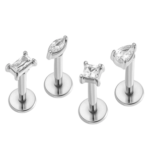 Classic silver stainless steel labret studs with zircon in four geometric shapes