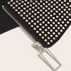 Wide black retro corset belt featuring silver metal rivets and a sturdy zipper closure