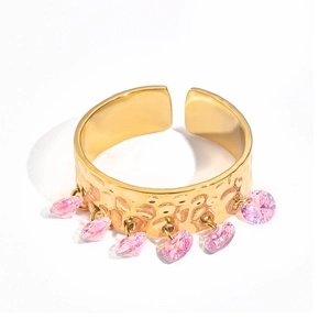 18K gold stainless steel hammered open ring with pink heart charms on white background