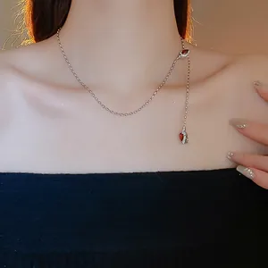 Minimalist silver snake chain necklace with elegant red teardrop gemstones for women