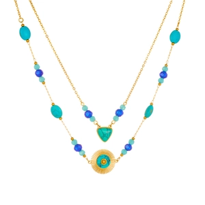 Double-layer gold chain necklace with turquoise pendants and blue beads on white background
