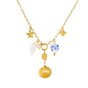Ocean style gold necklace with colorful starfish, seashell, pearl, and floral heart charms