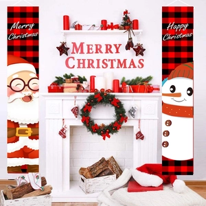 Detail of two Christmas porch banners with Santa and Snowman hanging by a fireplace