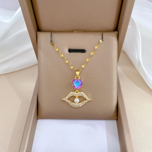 Pendant Necklace Stainless Steel Chain Copper Heart Gradient Zircon Rhinestone Lips Artificial Pearl Elegant Clavicle Jewelry Women