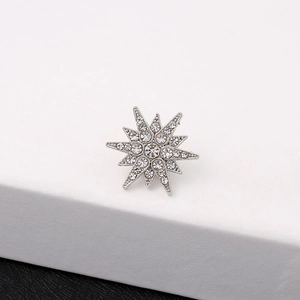 Sparkling silver starburst brooch pin with clear crystals on a white pedestal display