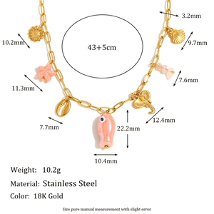 18K gold-plated stainless steel paperclip necklace with shell and fish pendants