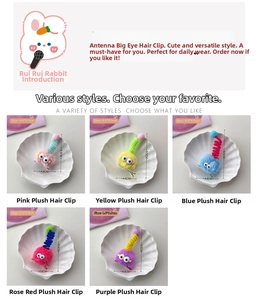 Detailed size view of five colorful plush hair clips with eyes in 4.6cm x 9.5cm dimensions