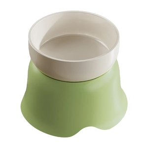 Elevated ceramic pet bowl with green ergonomic neck protection stand for cats and dogs